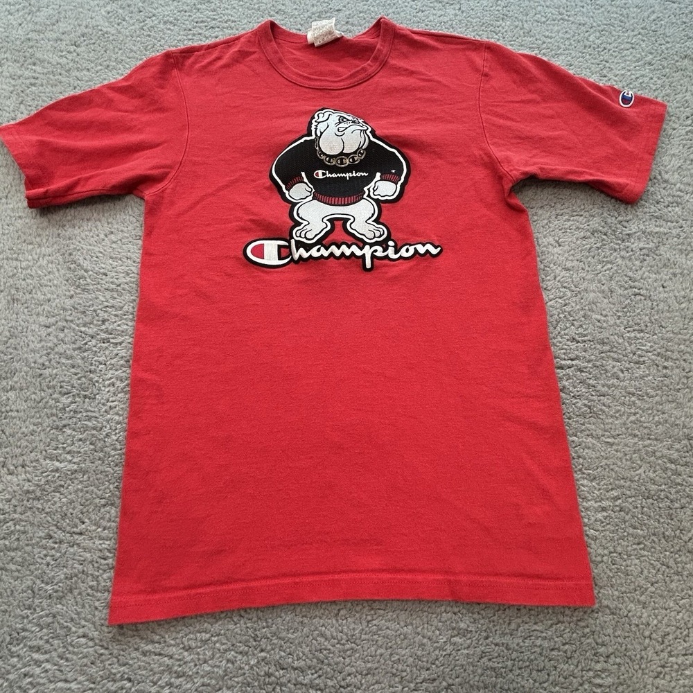 Champion Tshirt Men Small Red Bulldog Logo Mascot‎ Patch Sports